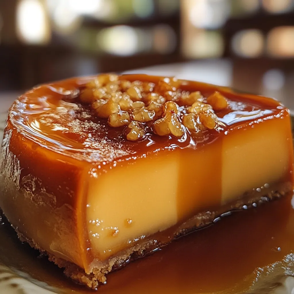 Flan de leche condensada con caramelo dorado servido en un plato blanco.