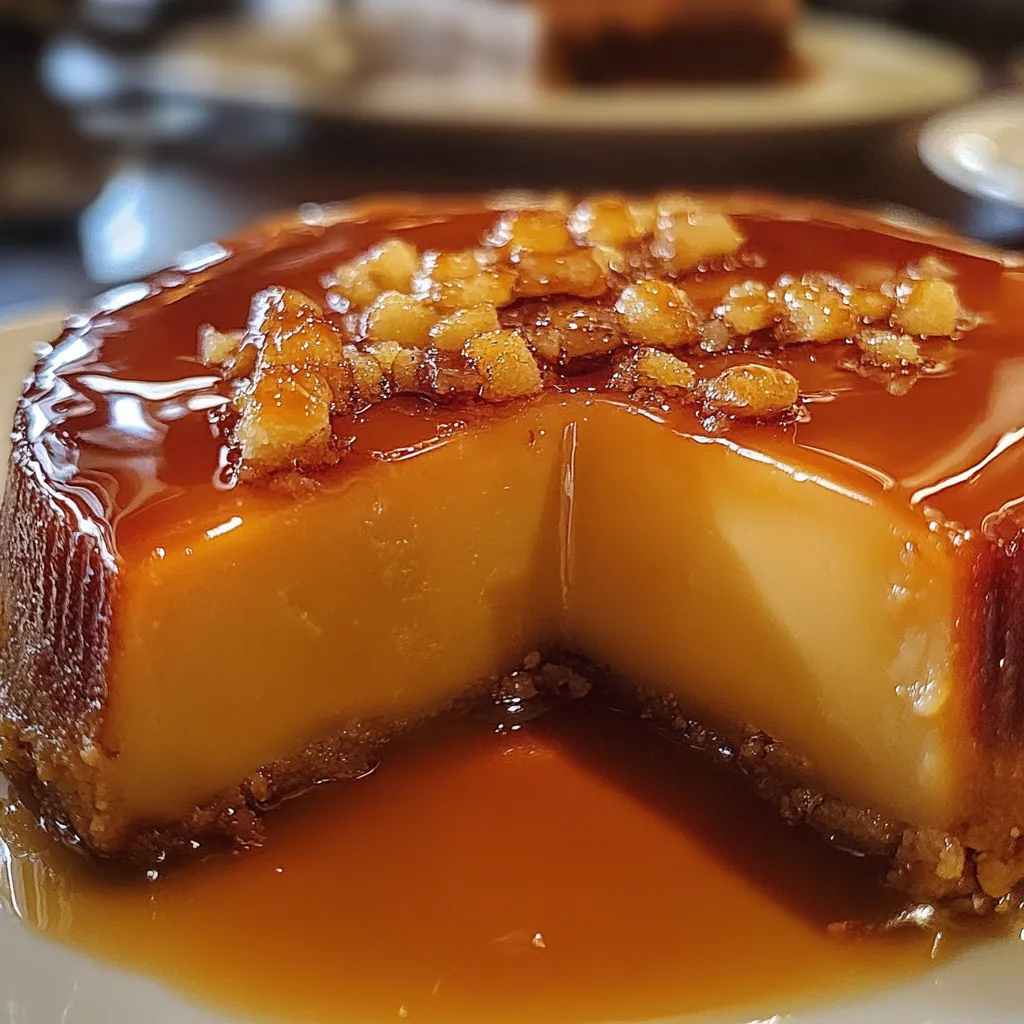 Flan de leche condensada con caramelo dorado servido en un plato blanco.