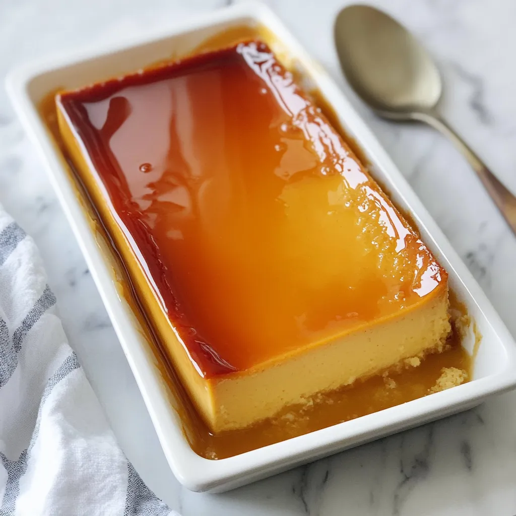 Flan de maicena casero servido en un plato blanco con caramelo líquido.