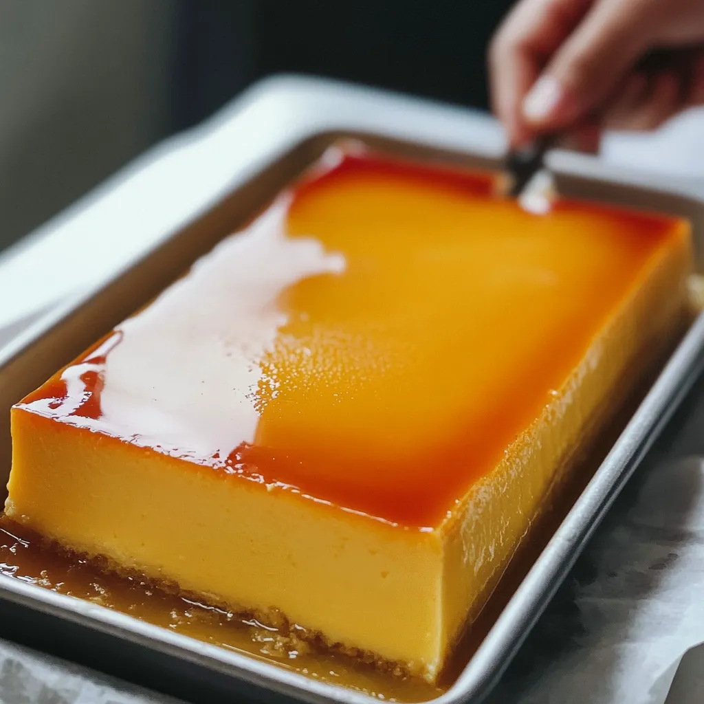 Flan de maicena casero servido en un plato blanco con caramelo líquido.