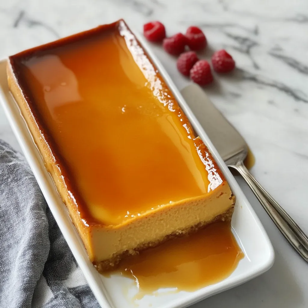 Flan de maicena casero servido en un plato blanco con caramelo líquido.