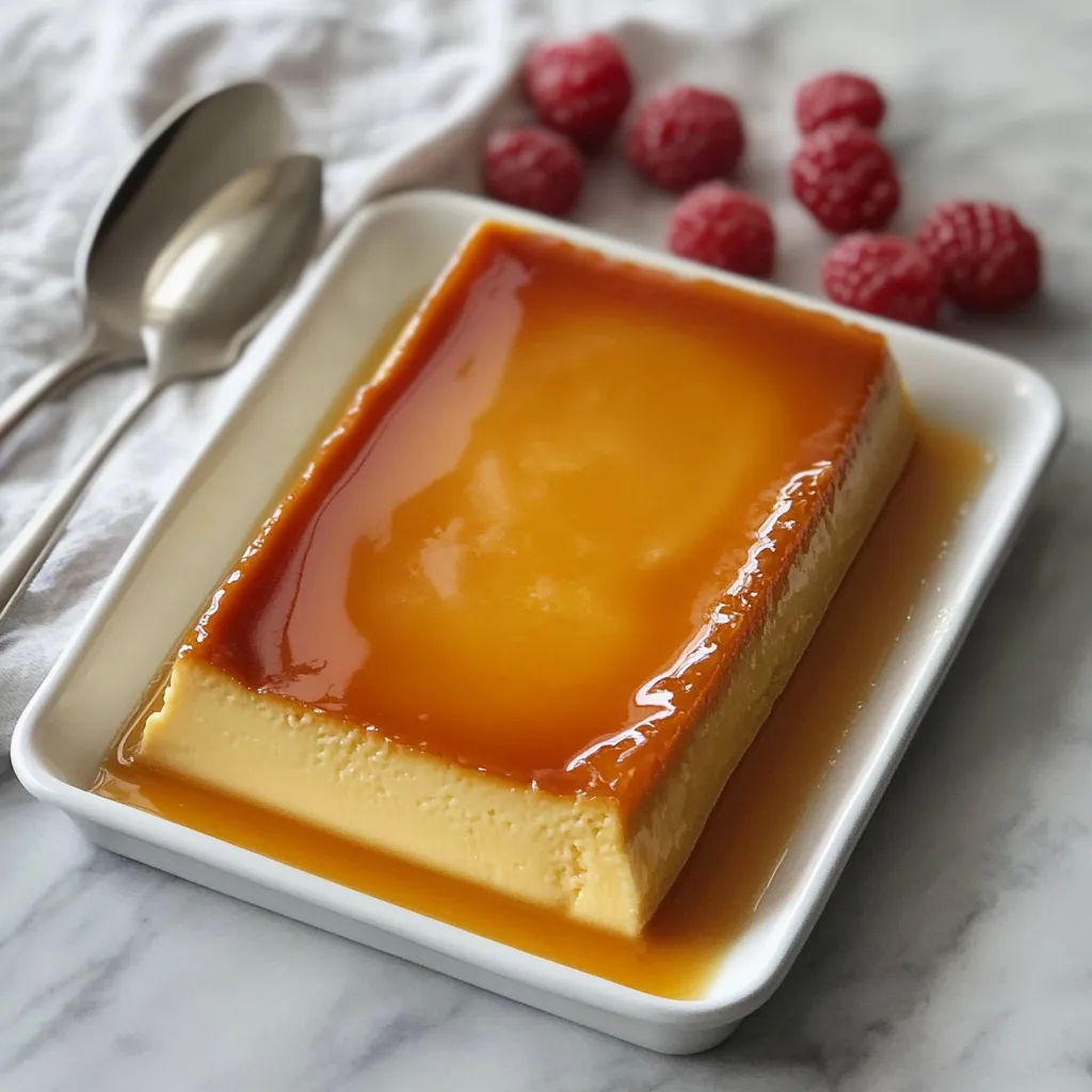 Flan de maicena casero servido en un plato blanco con caramelo líquido.