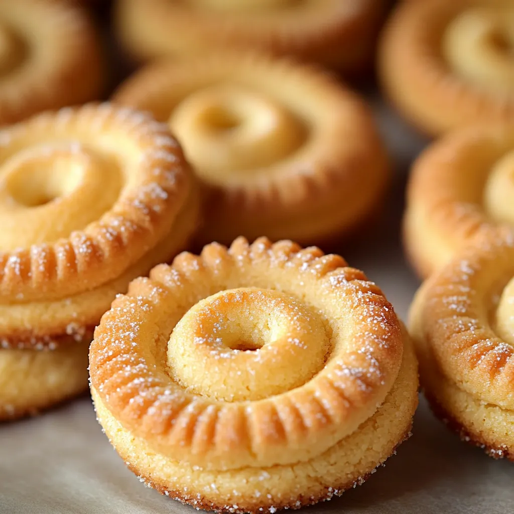 Galletas de mantequilla danesas doradas y crujientes sobre una bandeja.