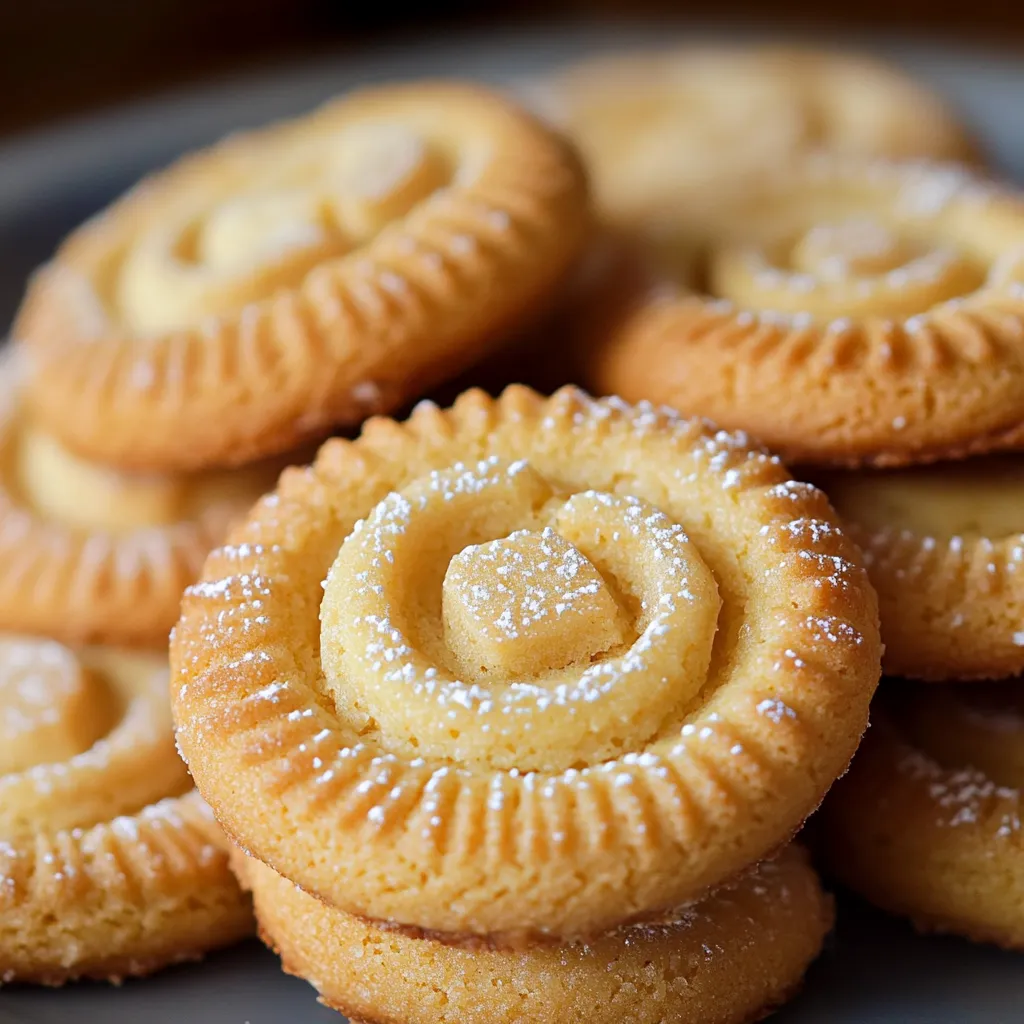 Galletas de mantequilla danesas doradas y crujientes sobre una bandeja.