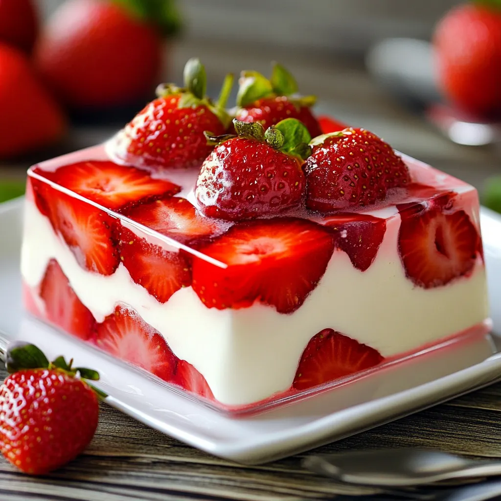 Gelatina de fresas con crema presentada en un plato blanco, con rodajas de fresas decorativas alrededor y un acabado brillante y cremoso.