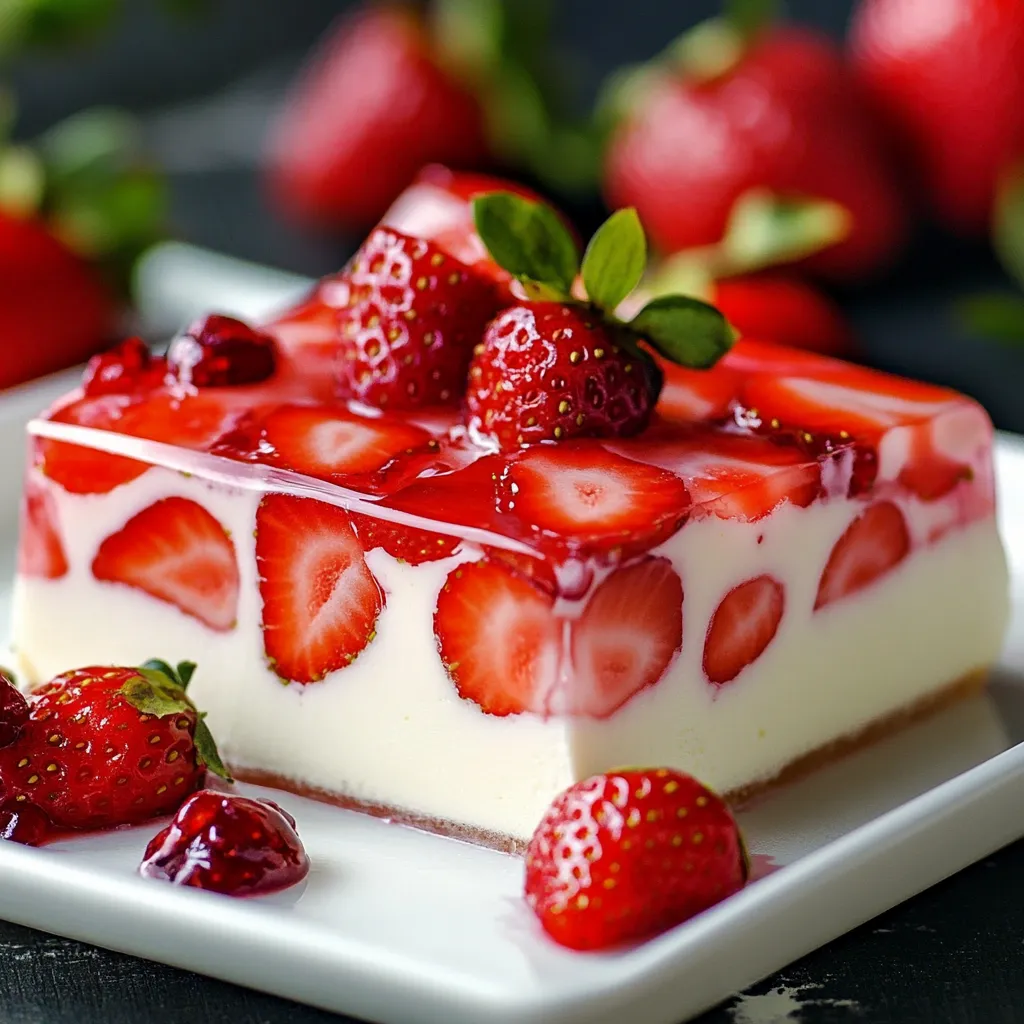 Gelatina de fresas con crema presentada en un plato blanco, con rodajas de fresas decorativas alrededor y un acabado brillante y cremoso.