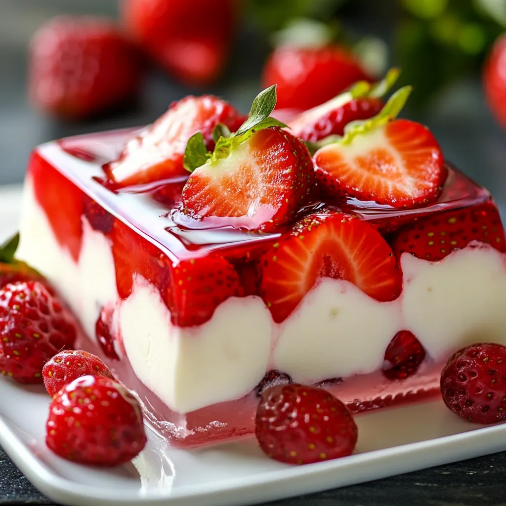 Gelatina de fresas con crema presentada en un plato blanco, con rodajas de fresas decorativas alrededor y un acabado brillante y cremoso.