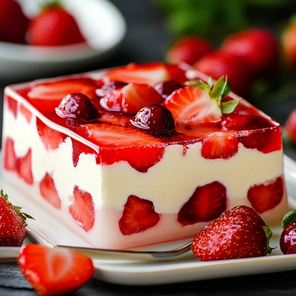 Gelatina de fresas con crema presentada en un plato blanco, con rodajas de fresas decorativas alrededor y un acabado brillante y cremoso.