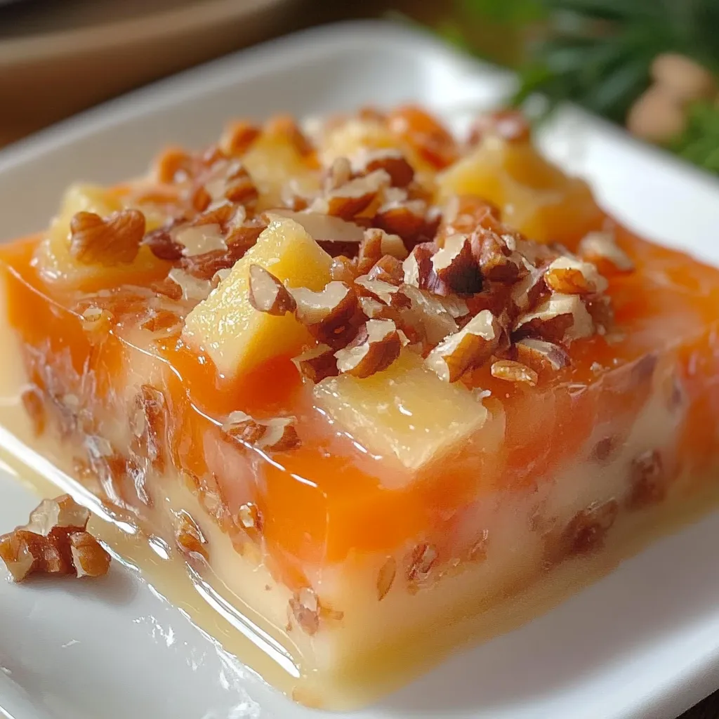 Gelatina de zanahoria, piña y nuez servida en un plato blanco