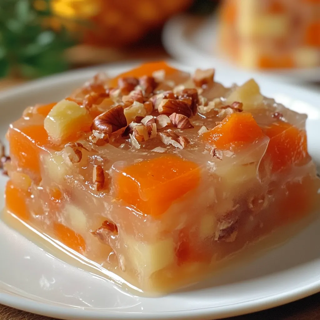 Gelatina de zanahoria, piña y nuez servida en un plato blanco