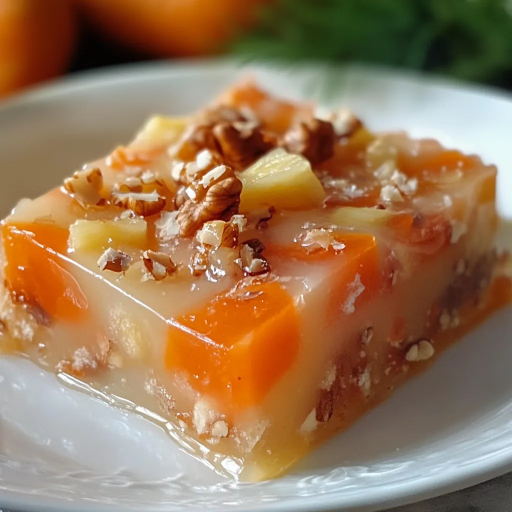 Gelatina de zanahoria, piña y nuez servida en un plato blanco