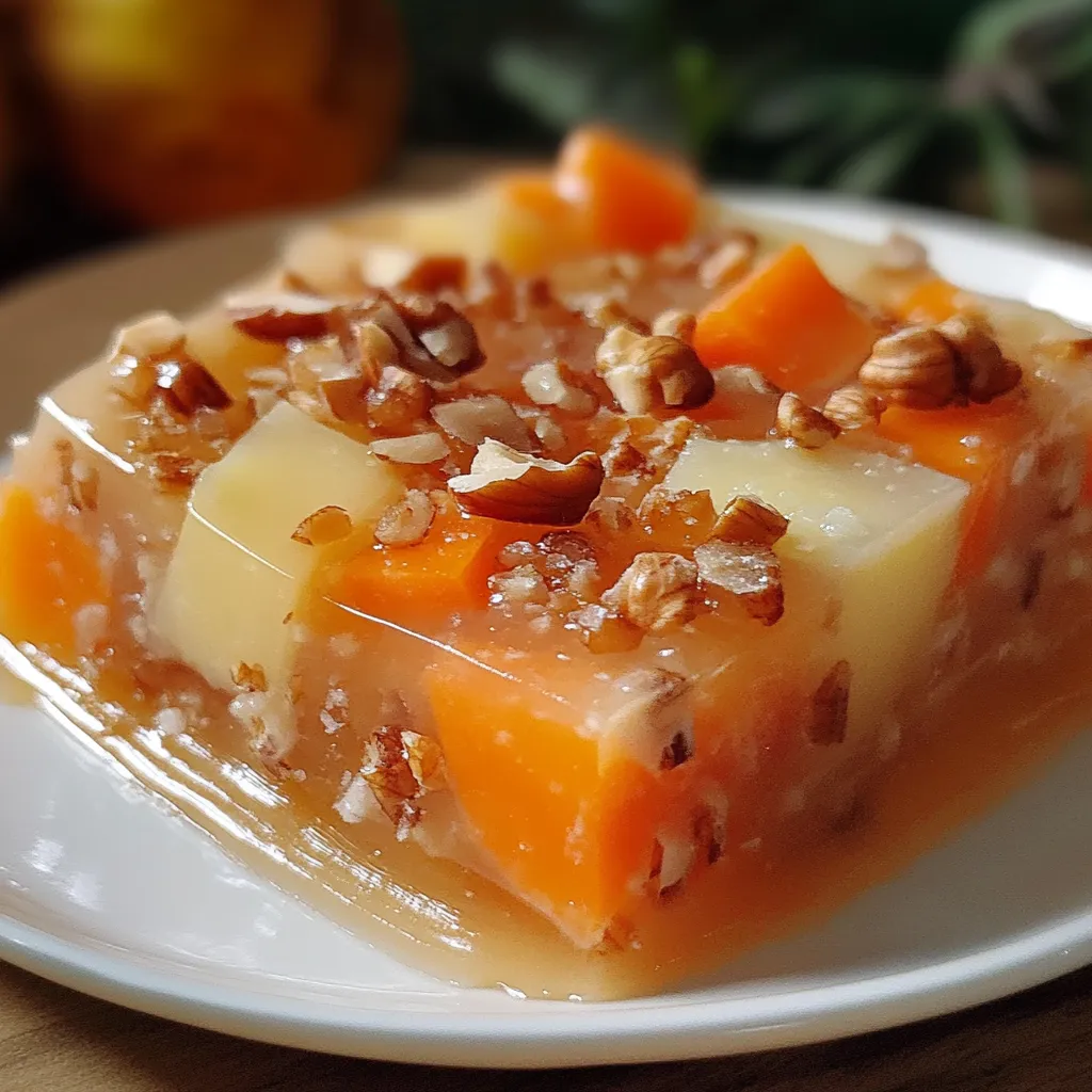 Gelatina de zanahoria, piña y nuez servida en un plato blanco