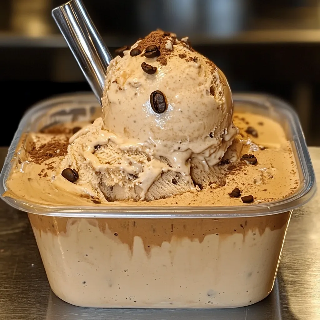Helado de café casero servido en un bol, con textura cremosa y decorado con granos de café.
