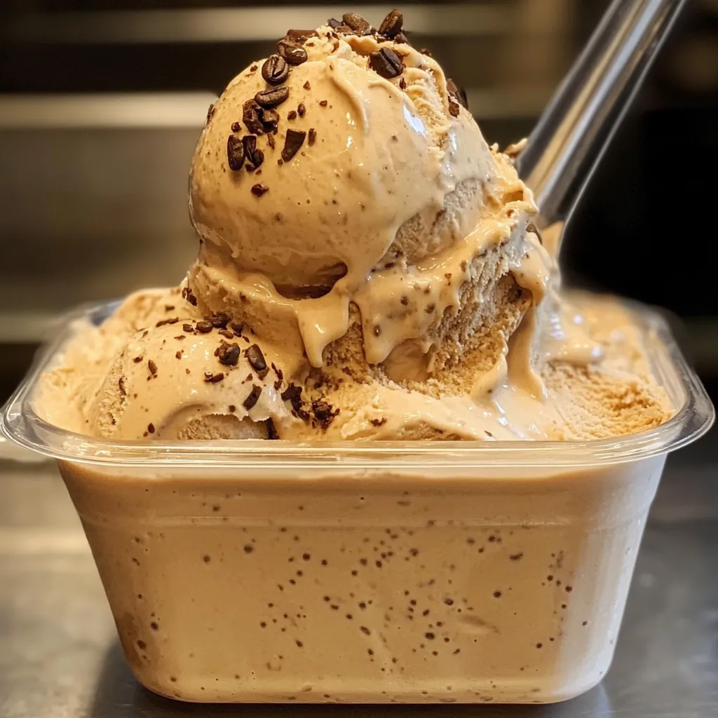 Helado de café casero servido en un bol, con textura cremosa y decorado con granos de café.