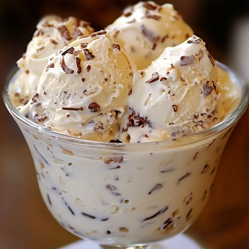 Helado casero de pedacitos servido en un bol con trozos de chocolate y galleta, mostrando su textura cremosa.