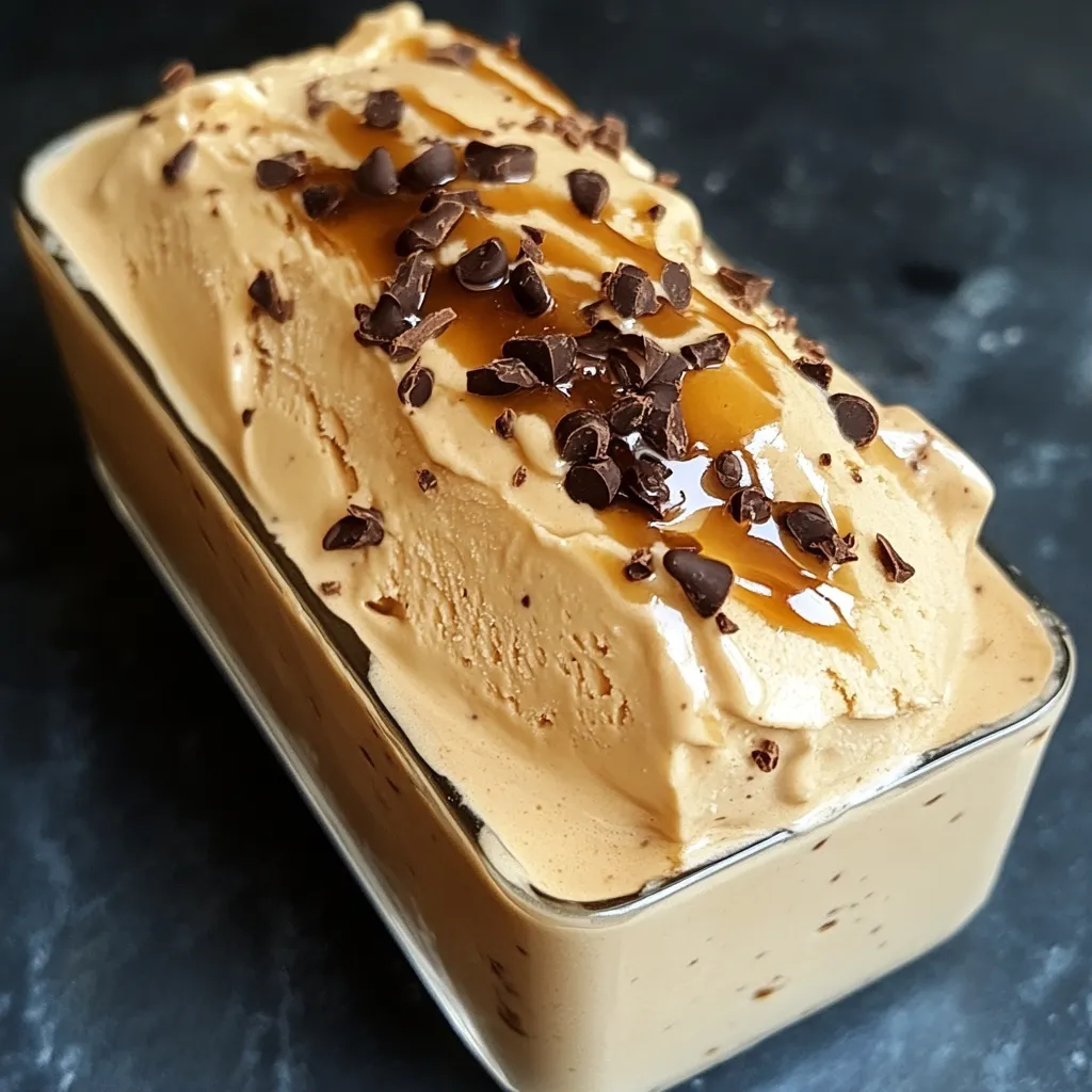 Tazón con helado de café casero servido con granos de café y virutas de chocolate.