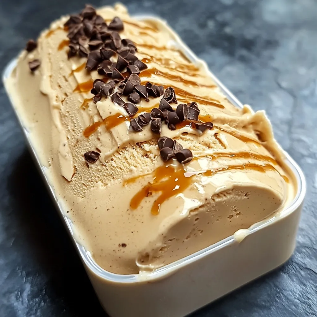 Helado de café casero servido en un tazón con granos de café y chocolate rallado