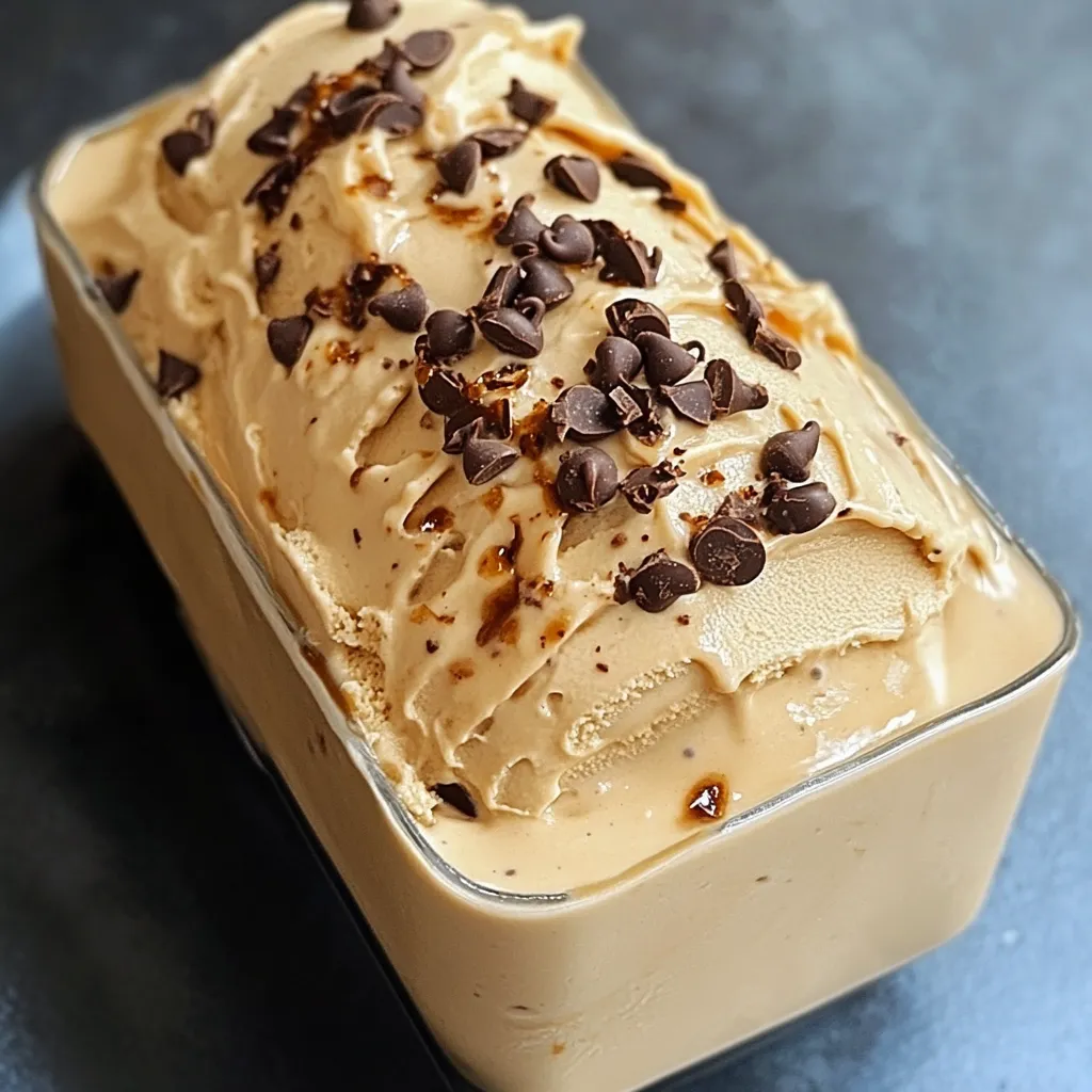 Tazón con helado de café casero servido con granos de café y virutas de chocolate.