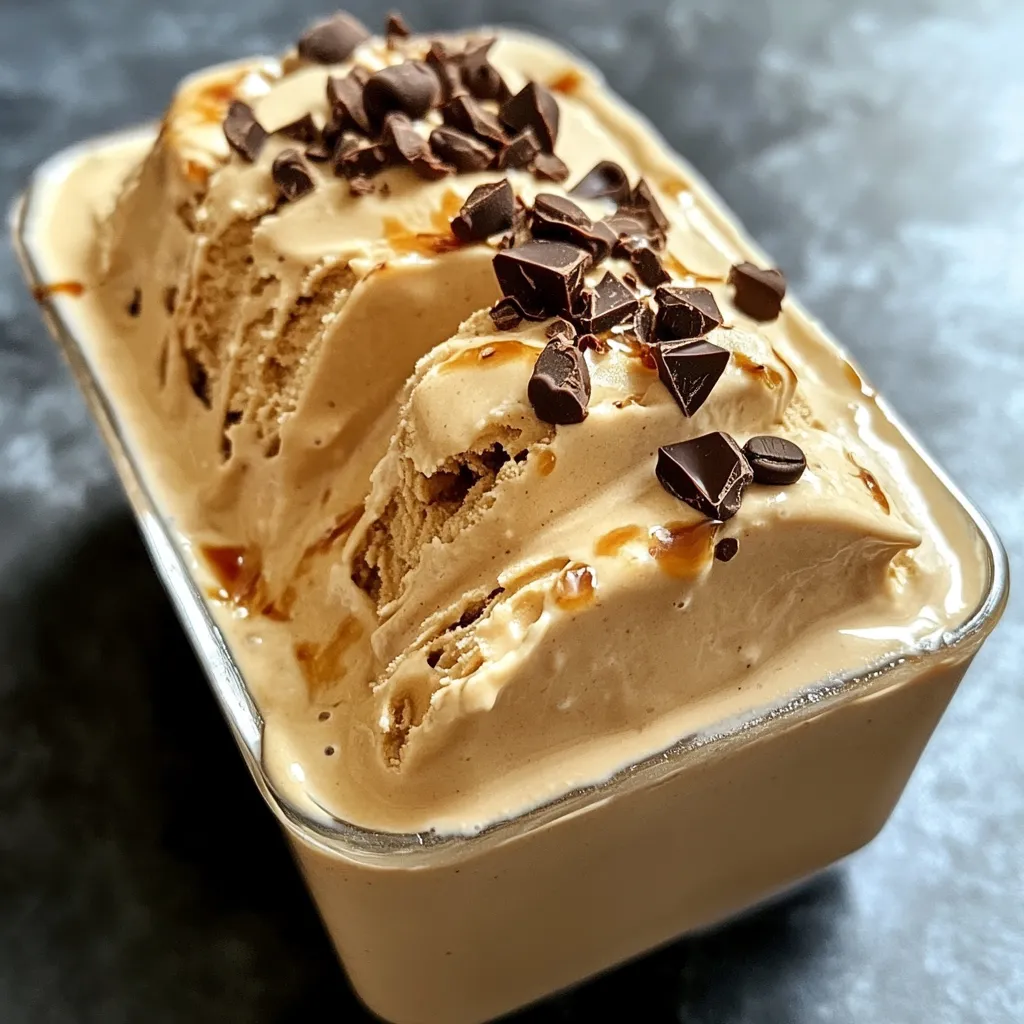 Tazón con helado de café casero servido con granos de café y virutas de chocolate.