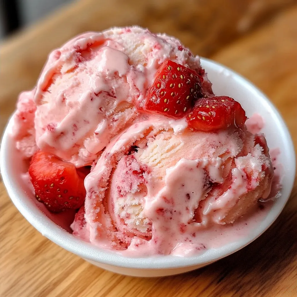 Helado de fresa casero servido en un bol con fresas frescas