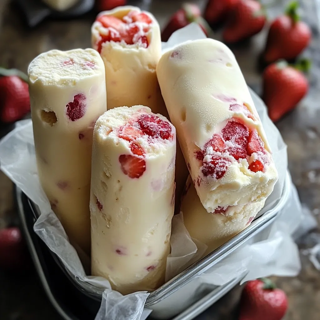 Helado de fresas con crema servido en un tazón, decorado con fresas frescas y crema batida.
