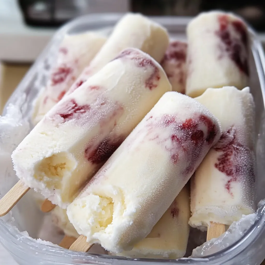 Helado cremoso de fresas con crema en una cuchara