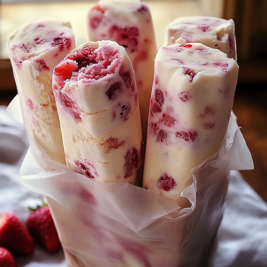 Helado de fresas con crema servido en un tazón, decorado con fresas frescas y crema batida.