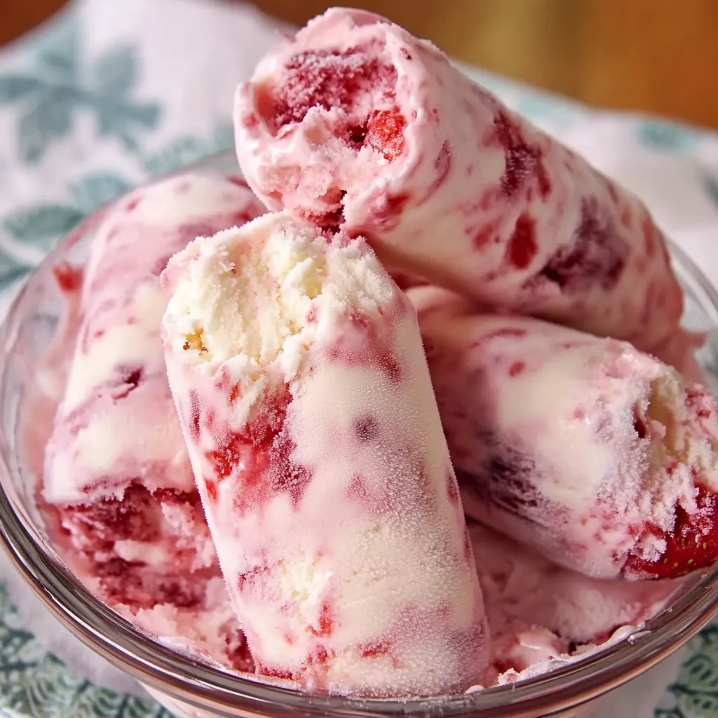 Helado de fresas con crema servido en un tazón, decorado con fresas frescas y crema batida.