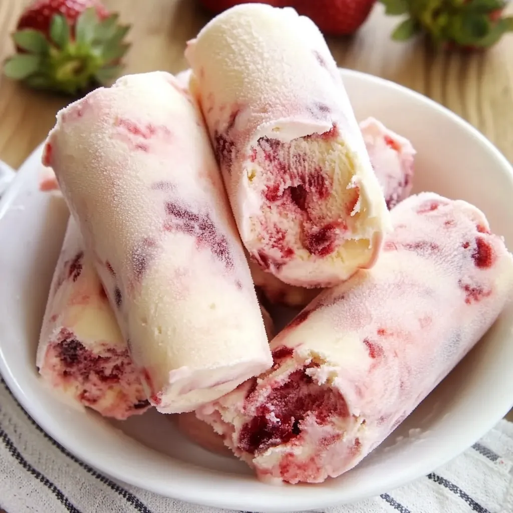 Helado de fresas con crema servido en un tazón, decorado con fresas frescas y crema batida.