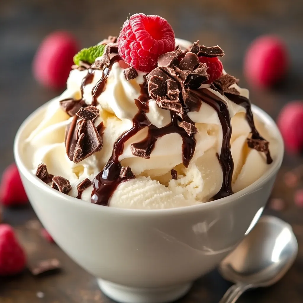 Helado de vainilla casero servido en un cuenco blanco, decorado con hojas de menta.