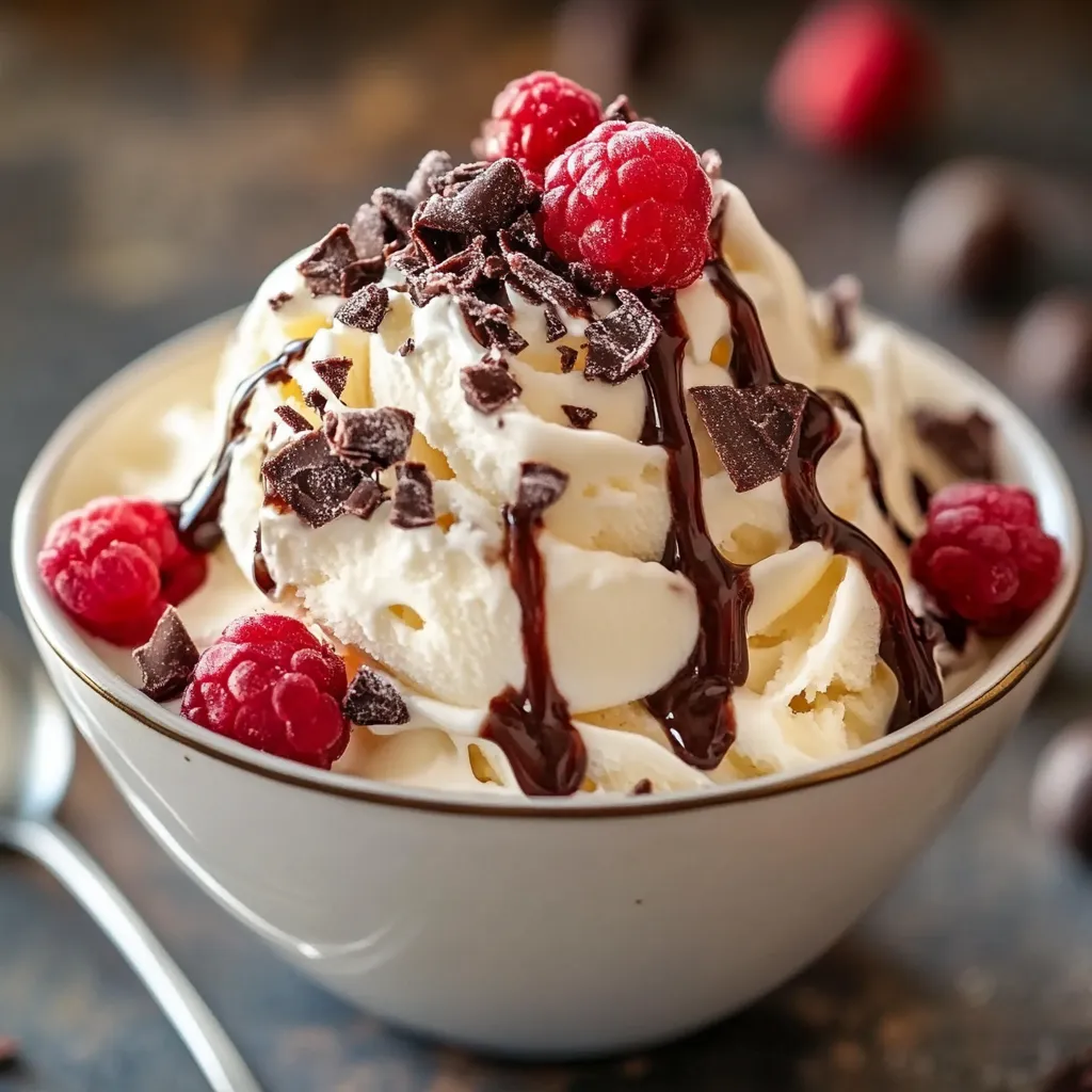 Helado de vainilla casero servido en un cuenco blanco, decorado con hojas de menta.