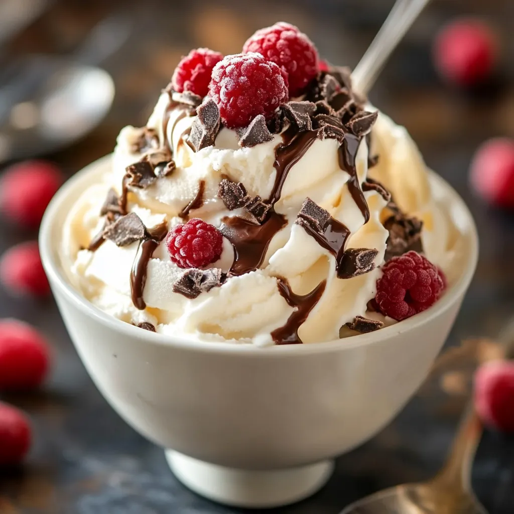 Helado de vainilla casero servido en un cuenco blanco, decorado con hojas de menta.