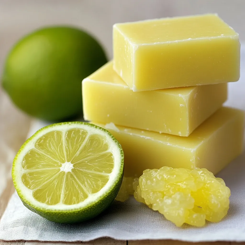 Jabón casero de limón en un frasco de vidrio con rodajas de limón fresco al lado.