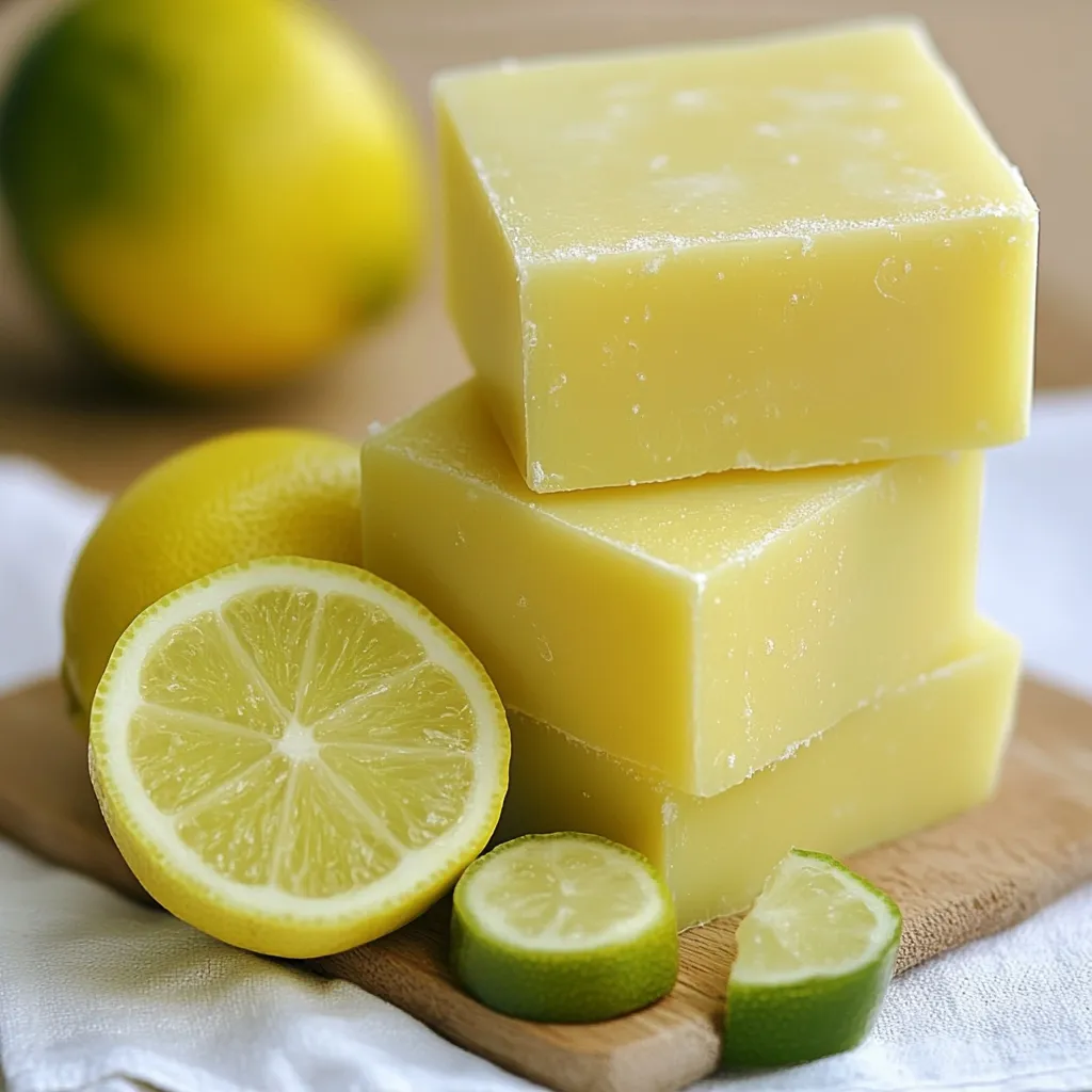 Jabón casero de limón en un frasco de vidrio con rodajas de limón fresco al lado.