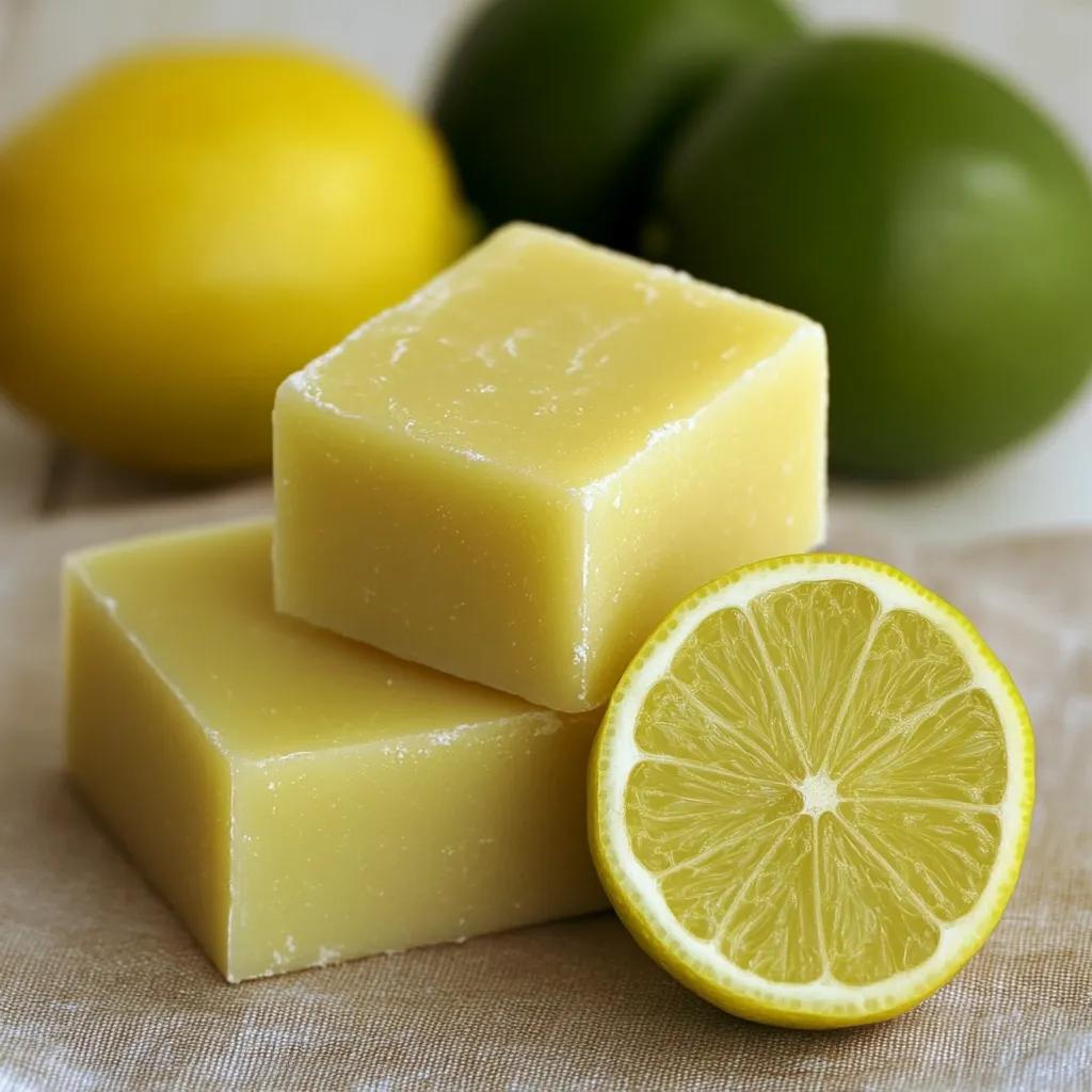 Jabón casero de limón en un frasco de vidrio con rodajas de limón fresco al lado.