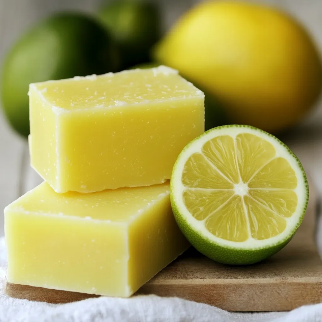 Jabón casero de limón en un frasco de vidrio con rodajas de limón fresco al lado.