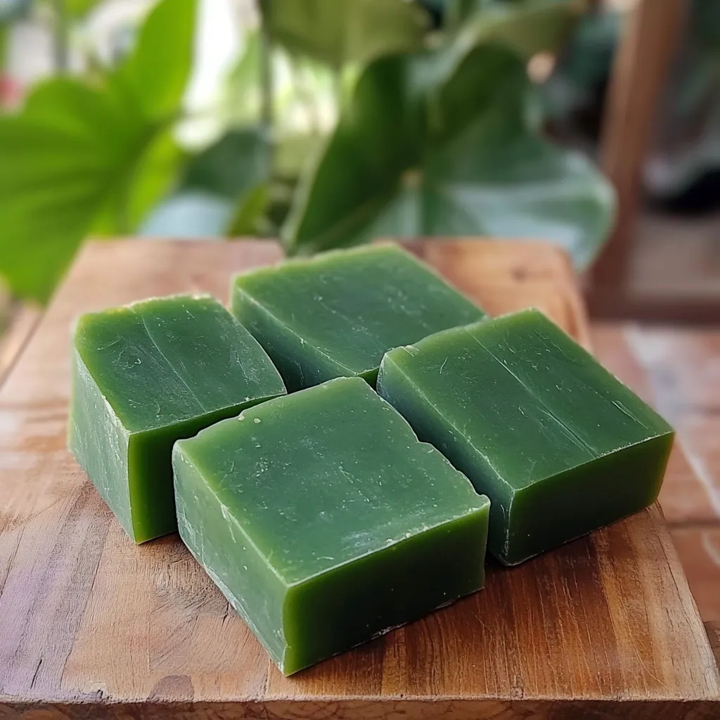 Jabón casero de hoja de papaya en barras recién cortadas, con una textura cremosa y color natural.