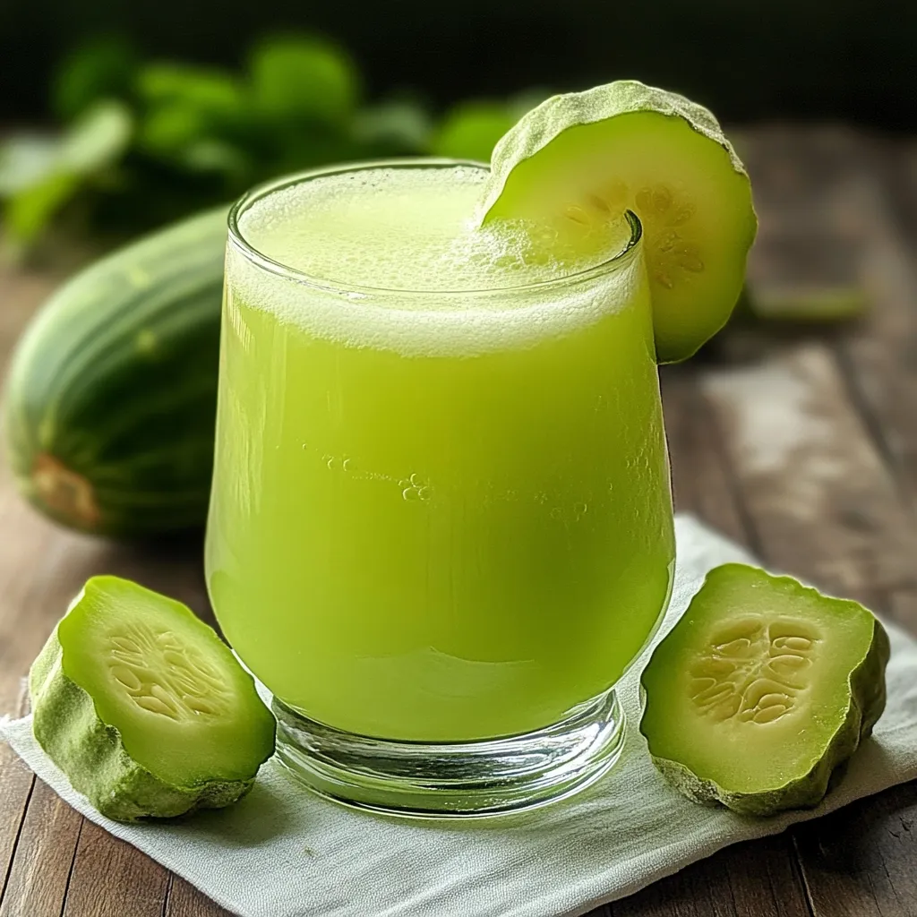 Vaso de jugo de chayote servido frío con rodajas de limón y hojas de menta en un fondo de madera.