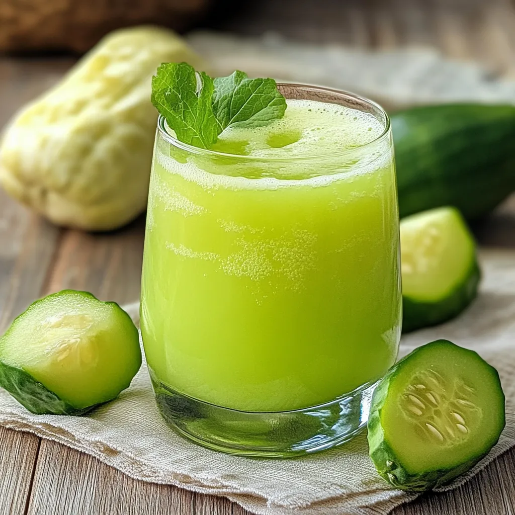Vaso de jugo de chayote servido frío con rodajas de limón y hojas de menta en un fondo de madera.