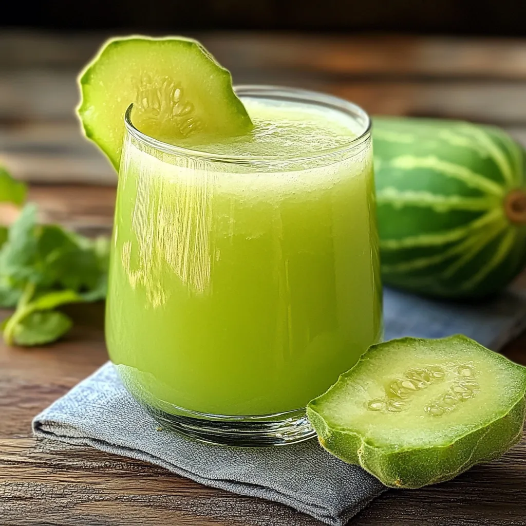 Vaso de jugo de chayote servido frío con rodajas de limón y hojas de menta en un fondo de madera.