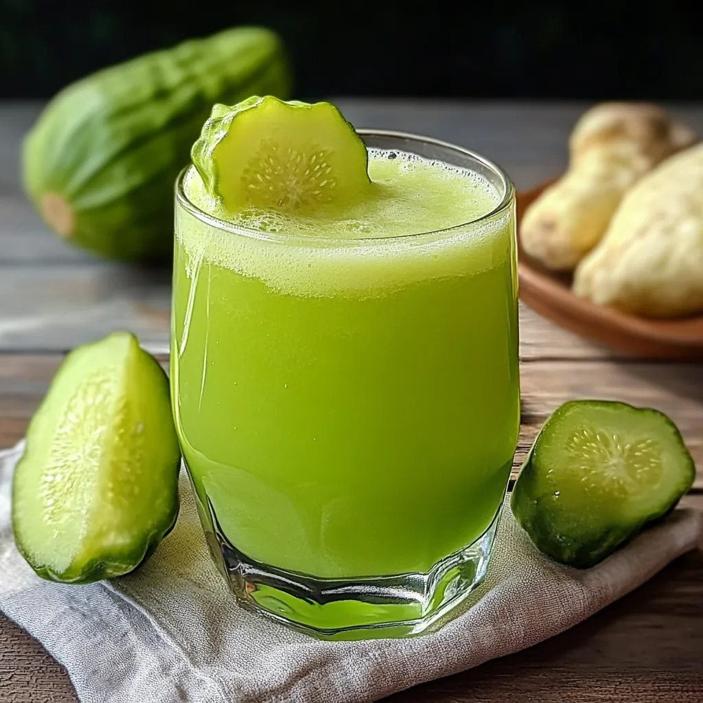 Vaso de jugo de chayote servido frío con rodajas de limón y hojas de menta en un fondo de madera.