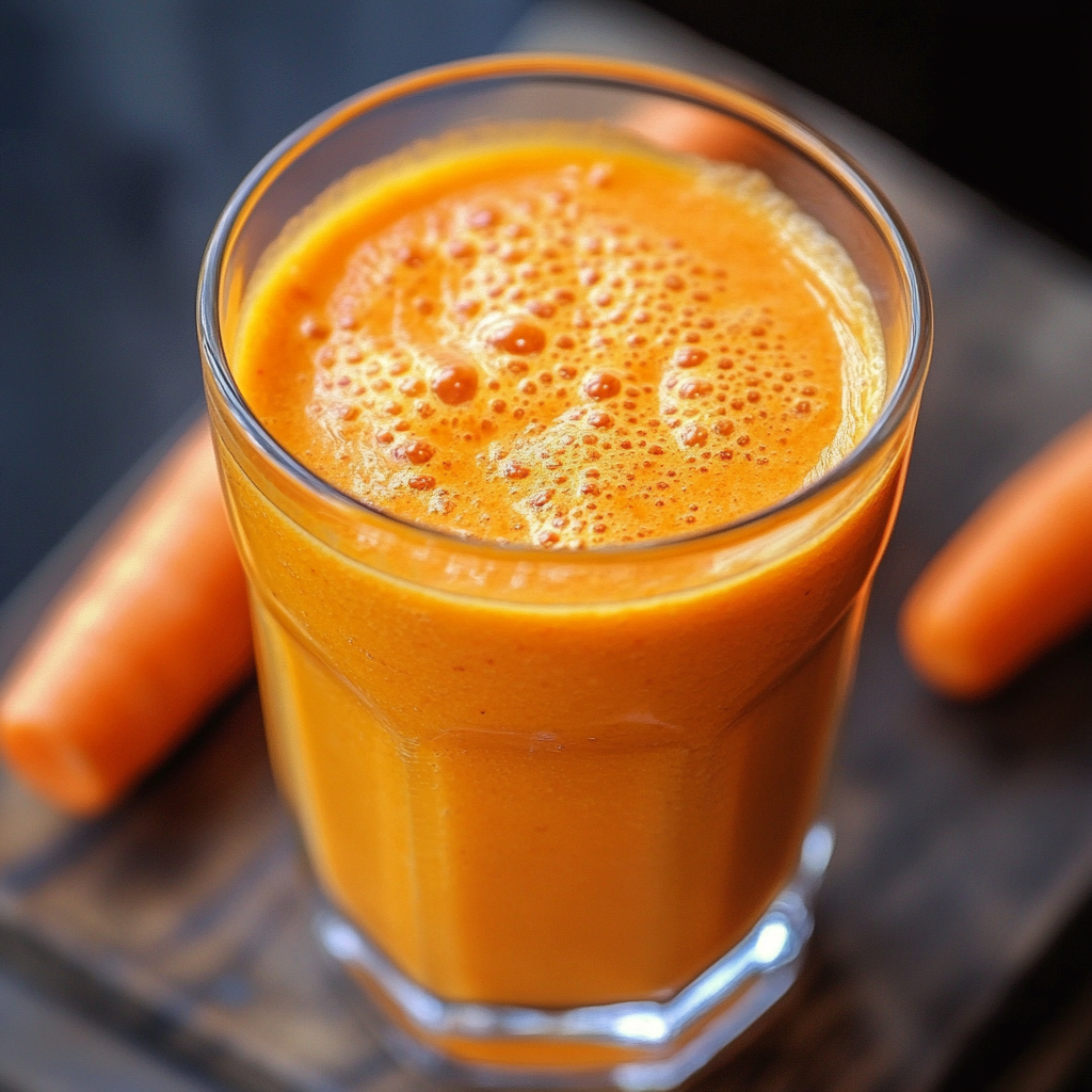 Vaso de jugo de zanahoria casero servido con hielo y decorado con una rodaja de limón.