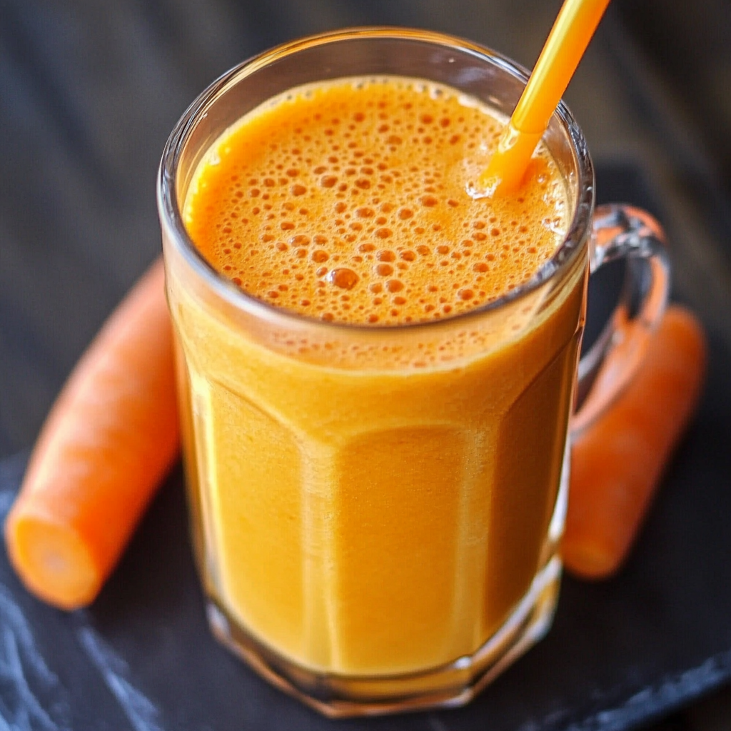Vaso de jugo de zanahoria casero servido con hielo y decorado con una rodaja de limón.