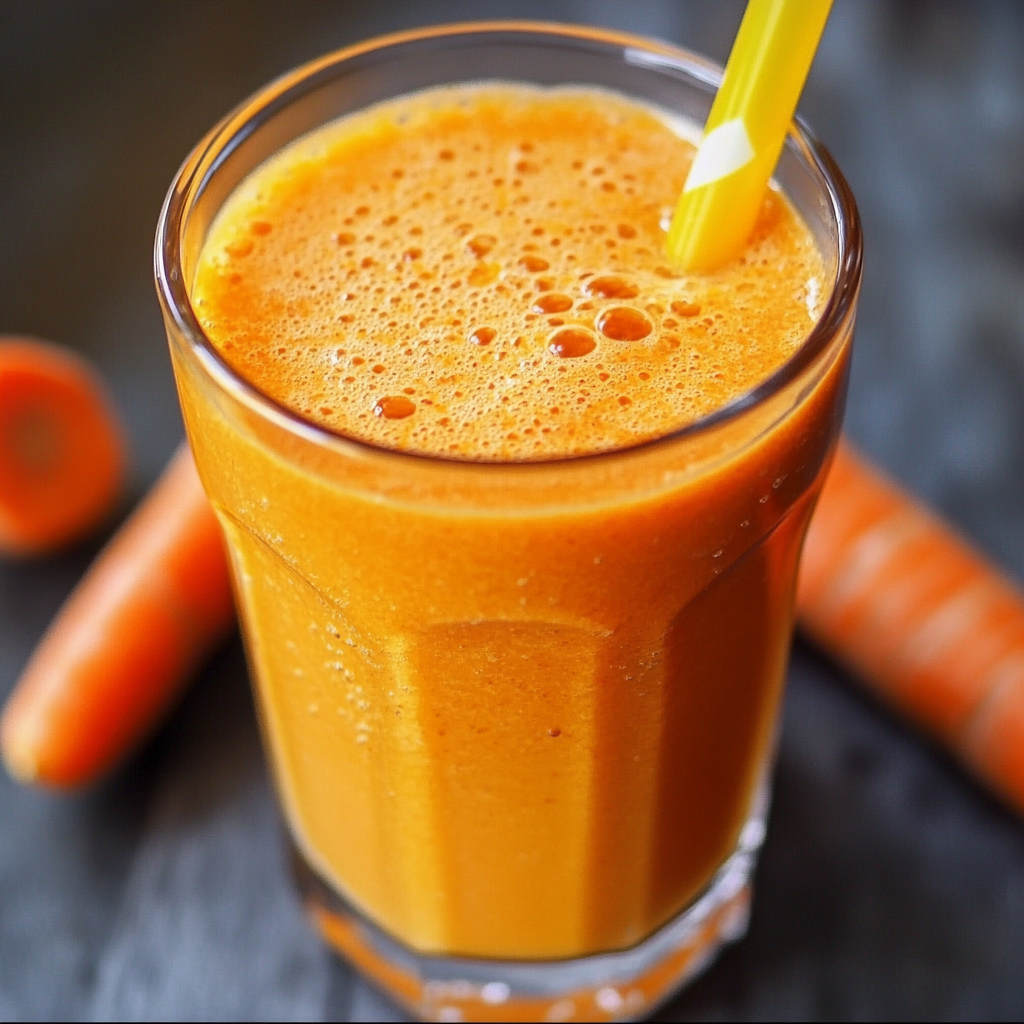 Vaso de jugo de zanahoria casero servido con hielo y decorado con una rodaja de limón.