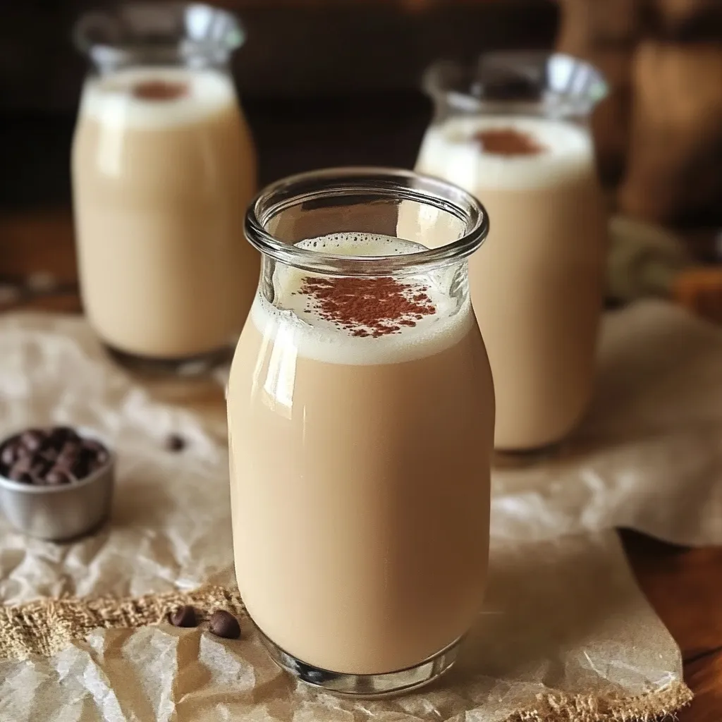 Licor de café Baileys casero servido en un vaso con hielo, con una textura cremosa y un color café intenso.