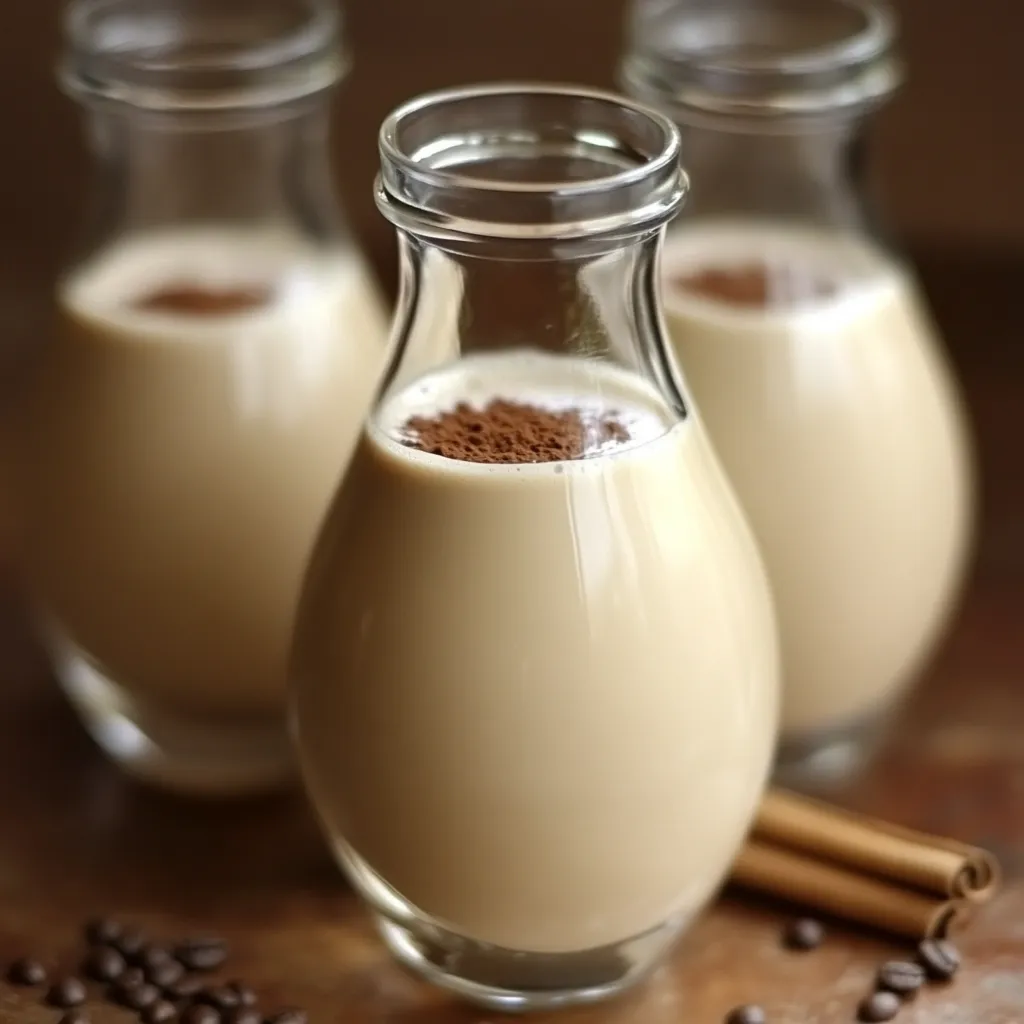 Licor de café casero servido en un vaso con hielo, con una textura cremosa y un tono café intenso.
