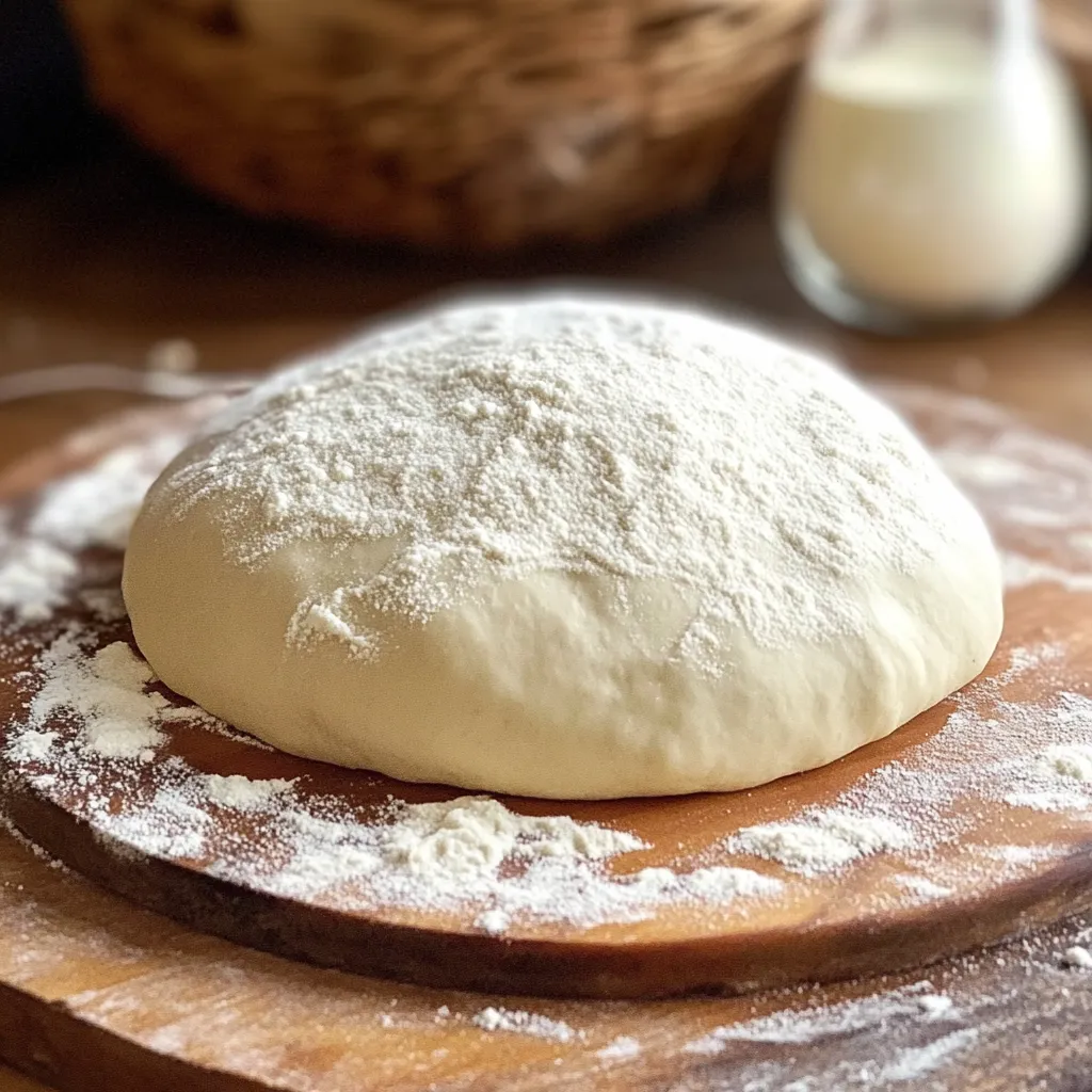 Imagen de la masa fermentada: Masa de pizza casera después del reposo, lista para estirar.
