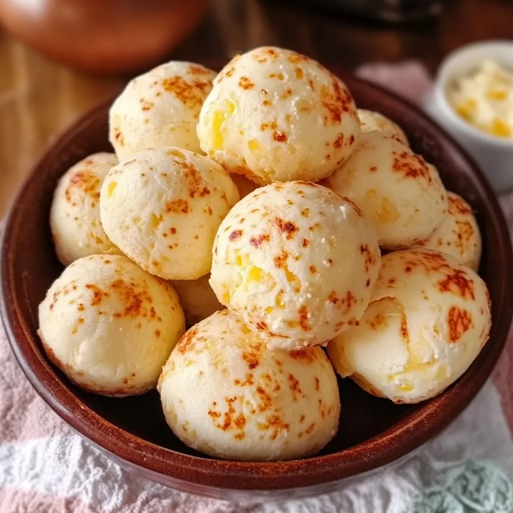Pan de queso brasileño recién horneado sobre una bandeja, con un exterior dorado y textura suave.