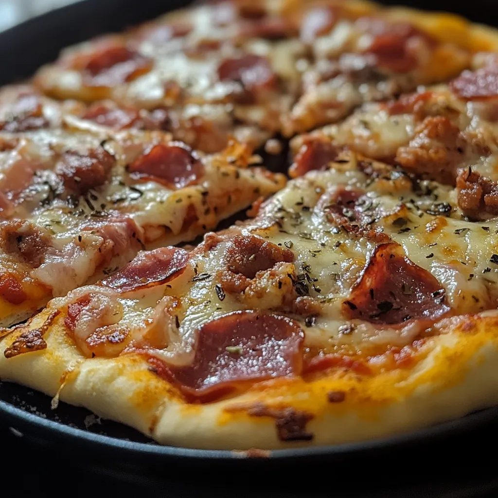 Imagen de la pizza en sartén con queso derretido y orégano espolvoreado.