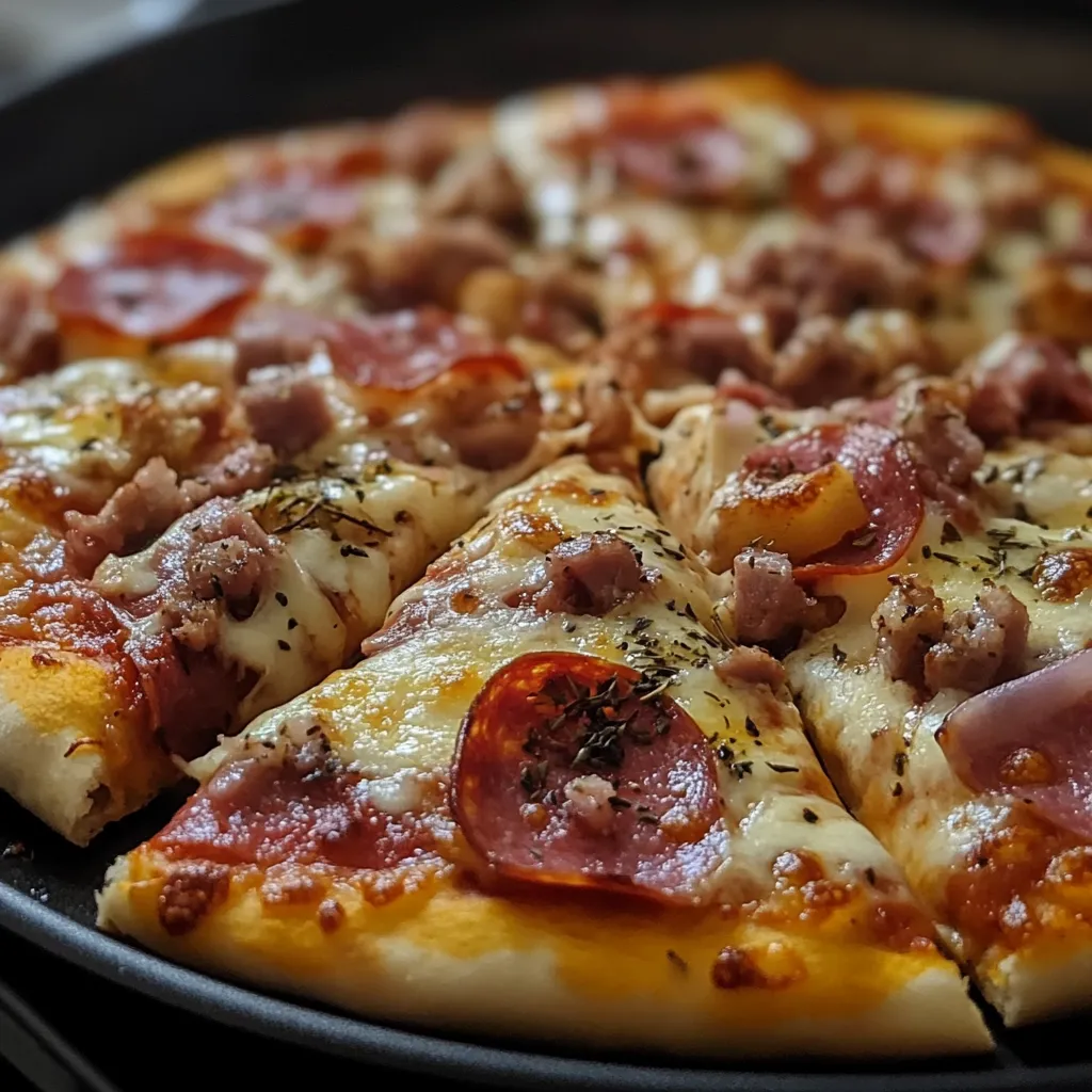 Imagen de la pizza en sartén con queso derretido y orégano espolvoreado.